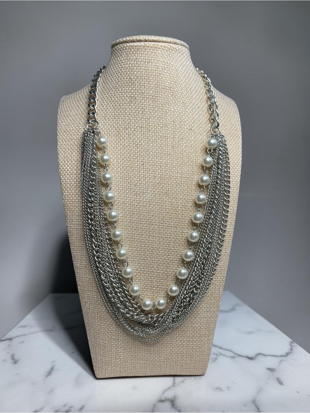Silver Tone Multi Strand Chain Faux Pearl Statement Necklace